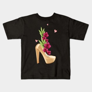 Womens Golden High Heels with Flowers for Women and Confident Girls Kids T-Shirt